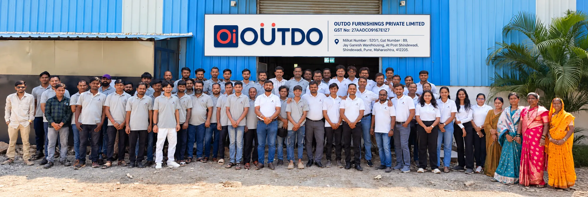 The OutDo factory team in front of our factory at Shindewadi, Pune